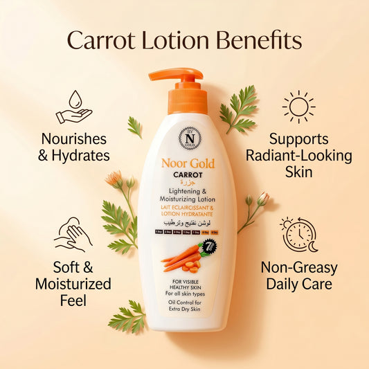 Noor Gold Carrot lotion bottle with benefits on a beige background
