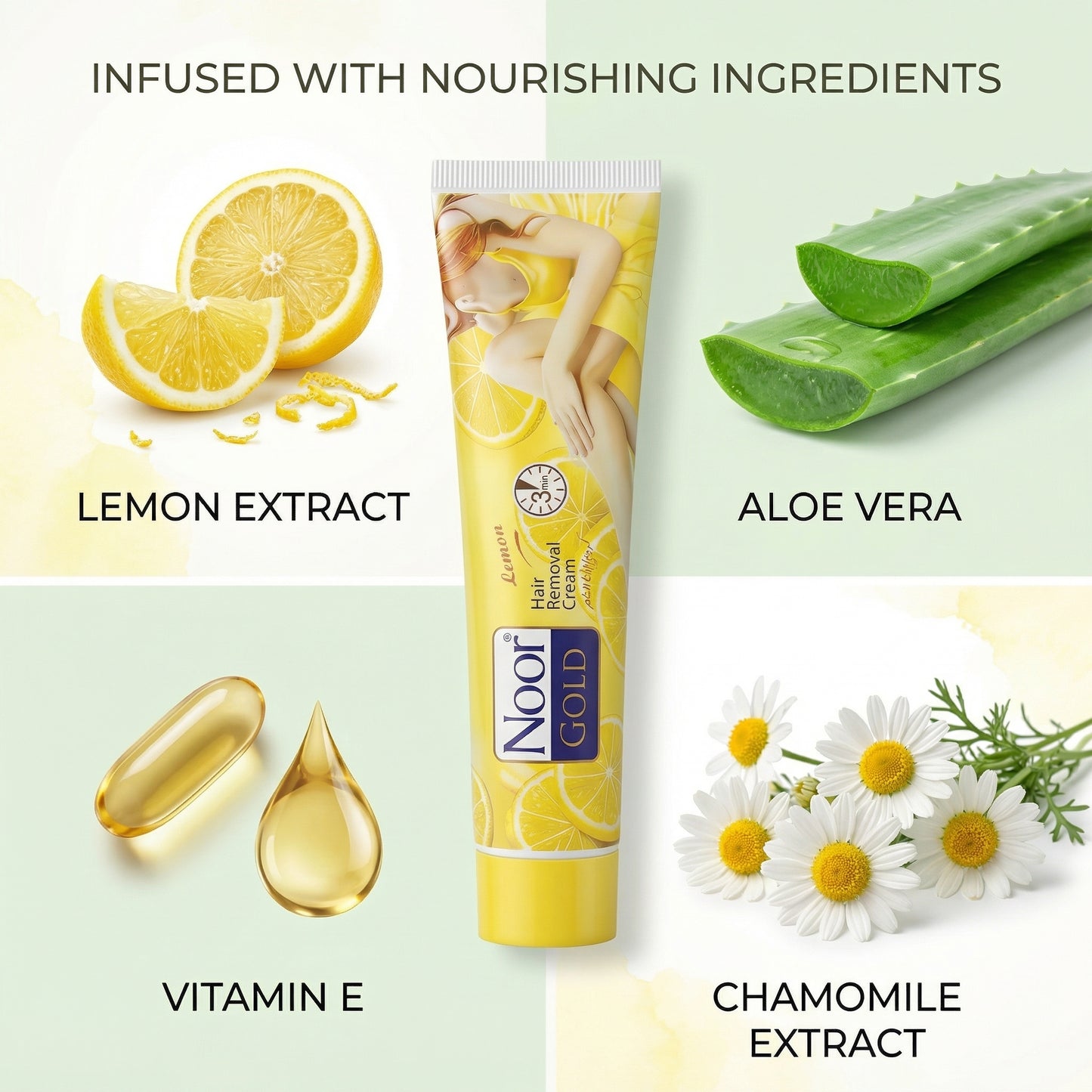 Noog Gold tube with lemon extract, aloe vera, vitamin E, and chamomile extract on a light background