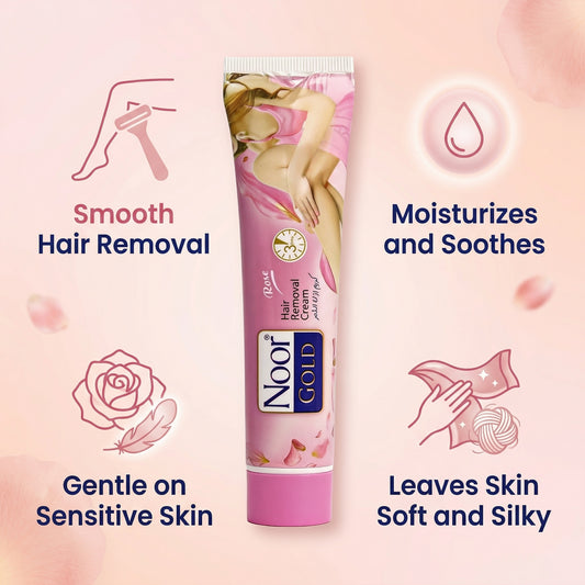 Noor Gold hair removal cream tube with product benefits on a pink background
