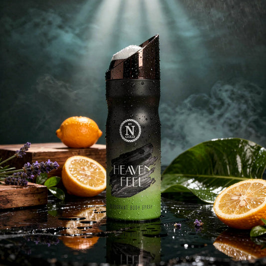 Black and green bottle of 'Heaven & Earth' body spray with oranges and lavender on a dark background