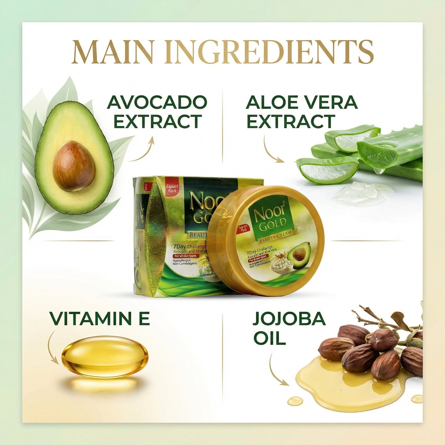 Product packaging with avocado, aloe vera, vitamin E, and jojoba oil labeled as main ingredients.
