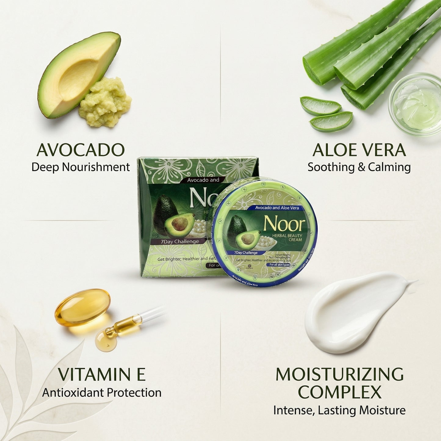 Noor skincare product with avocado, aloe vera, vitamin E, and moisturizing complex on a light background.