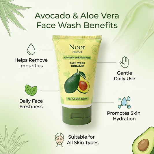 Noor Herbal Avocado & Aloe Vera Face Wash tube with benefits listed on a green background