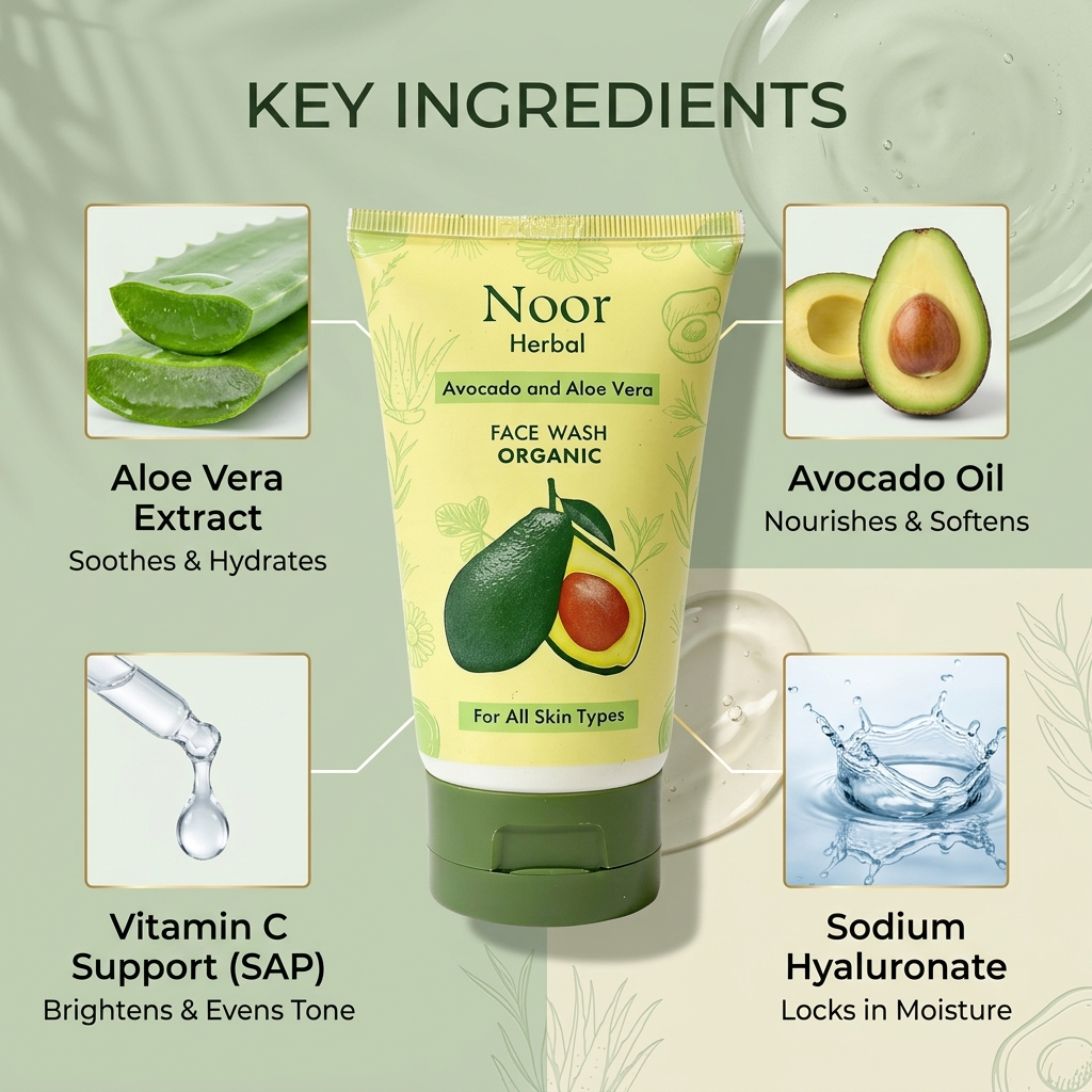 Noor Herbal Avocado and Aloe Vera Face Wash with key ingredients displayed.