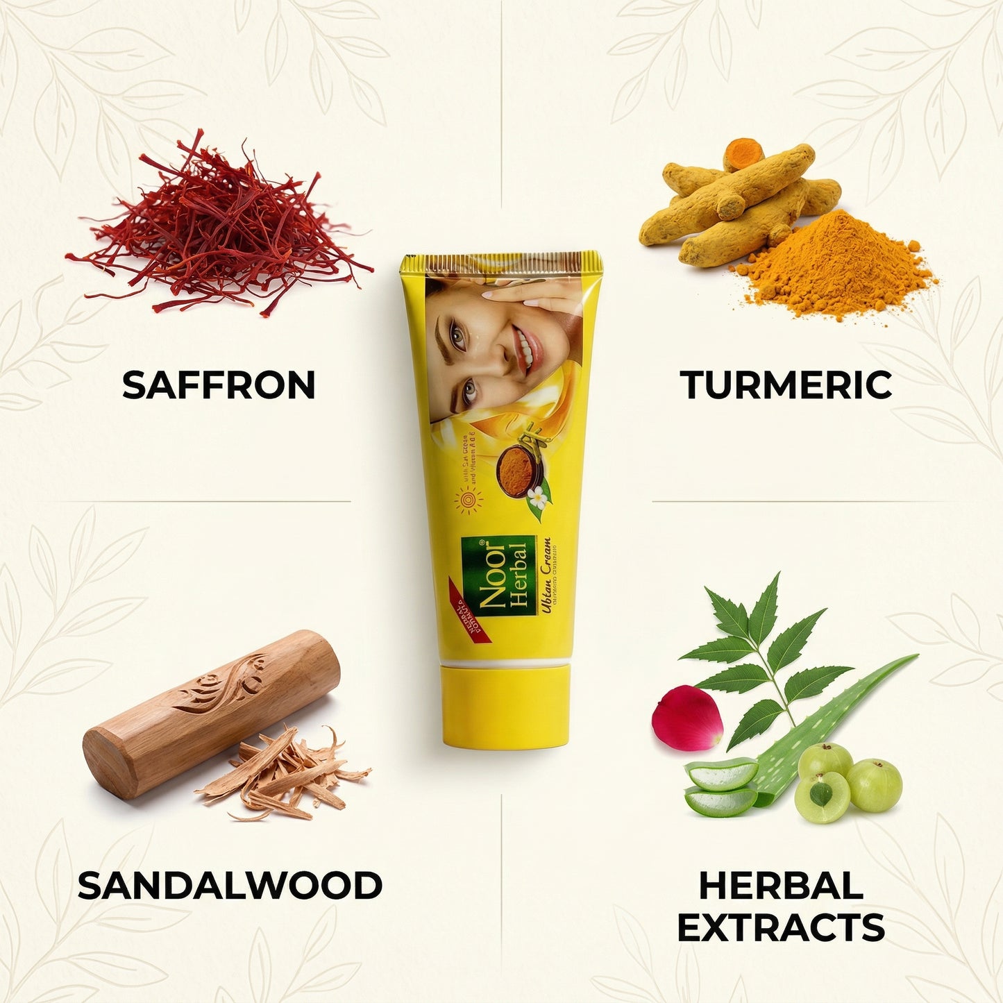Noor Herbal cream with saffron, turmeric, sandalwood, and herbal extracts on a white background.