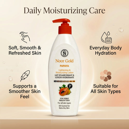 Noor Gold Papaya body lotion with benefits listed on a beige background