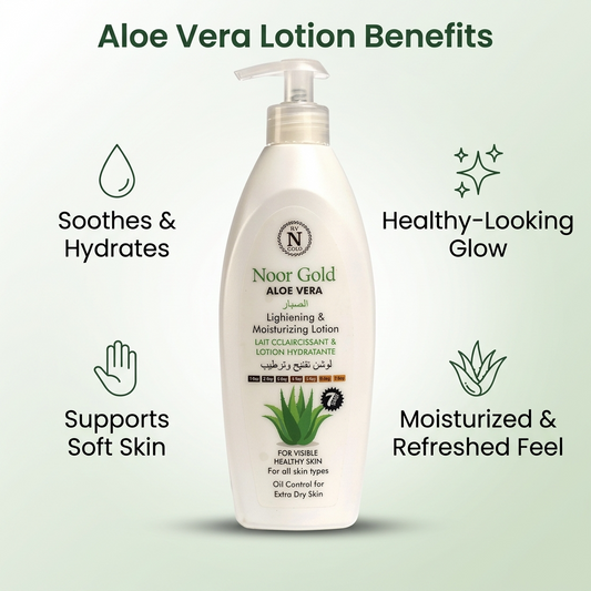 Noor Gold Aloe Vera lotion bottle with benefits listed on a light green background