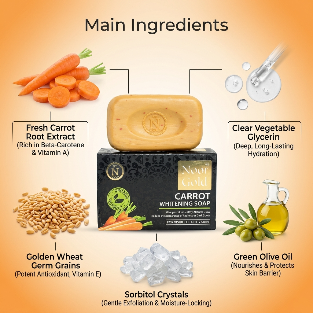 Carrot Whitening Soap with its main ingredients displayed on an orange background