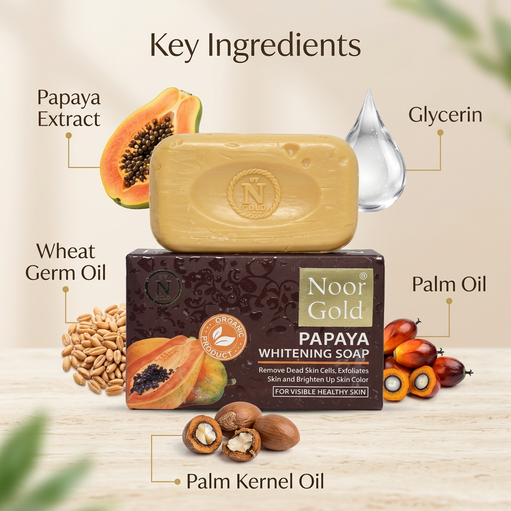 Noor Gold Papaya Whitening Soap with key ingredients displayed on a beige background