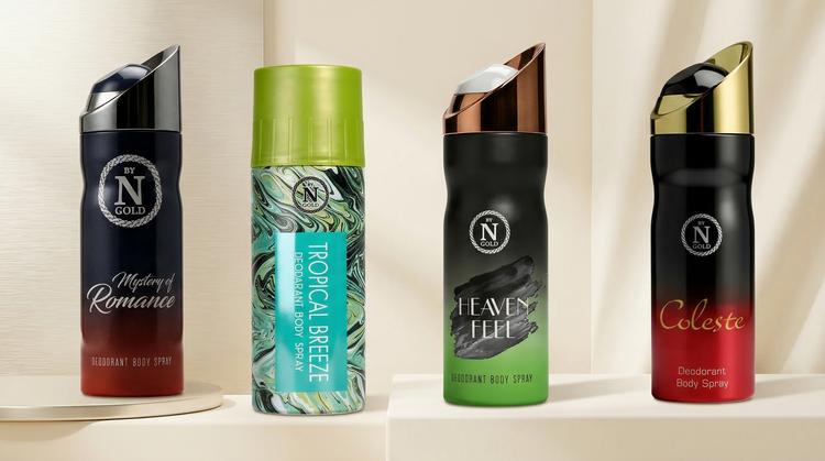 Noor Gold deodorant body spray collection featuring Mystery of Romance, Tropical Breeze, Heaven Feel, and Coleste fragrances displayed on a clean neutral background.