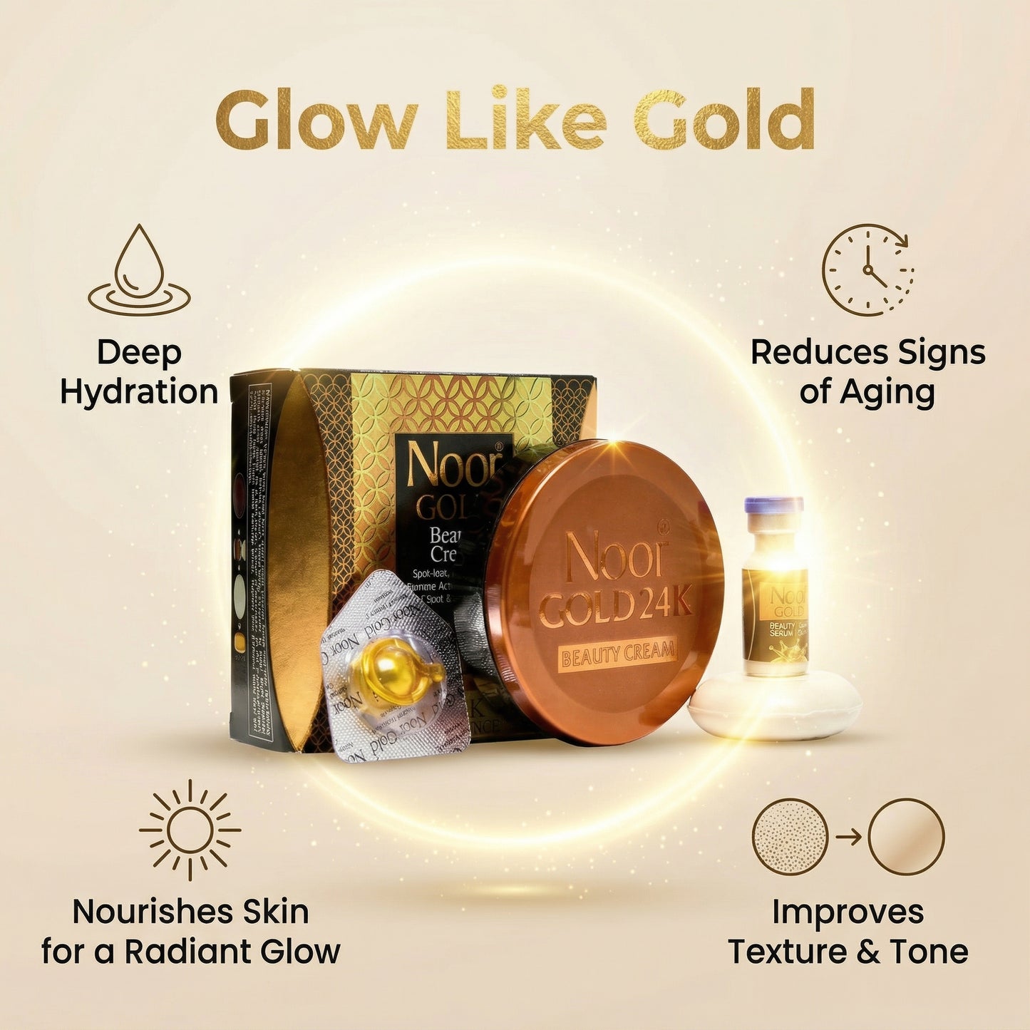Cosmetic product with packaging and cream jar on a beige background, featuring text about product benefits.