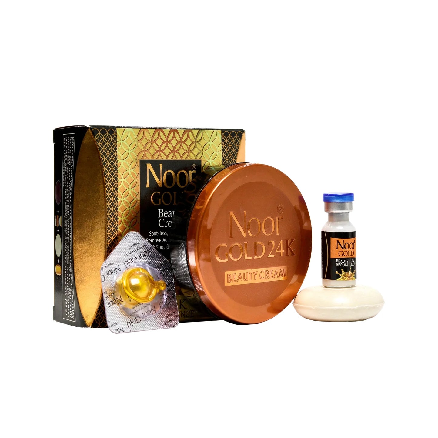 Nooi Gold 24K skincare products including cream, bottle, and packaging on a white background