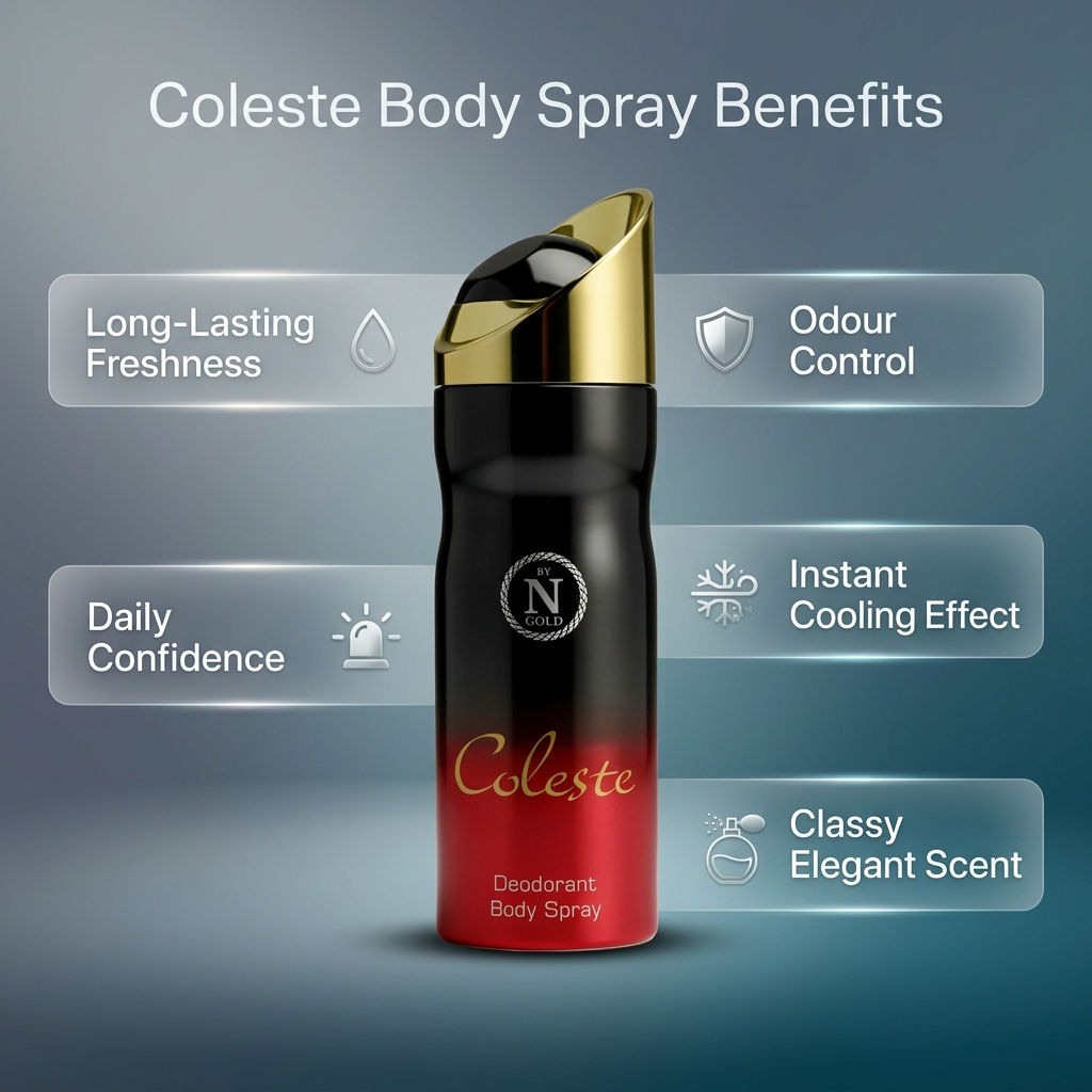 Coleste body spray bottle with benefits listed on a gray background
