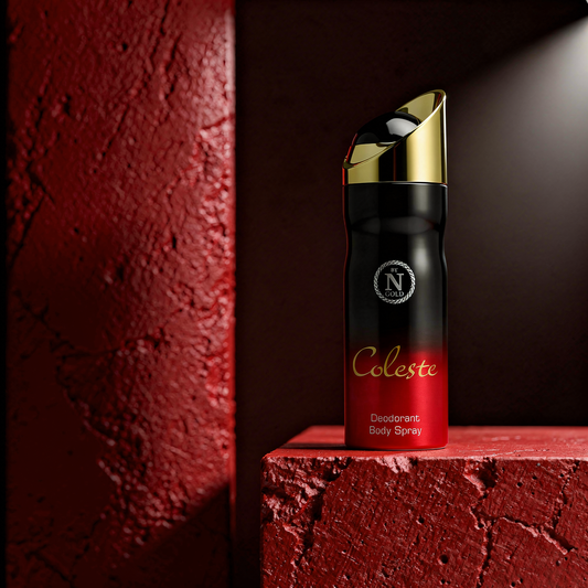 Deodorant body spray bottle with gold cap on a red and black background