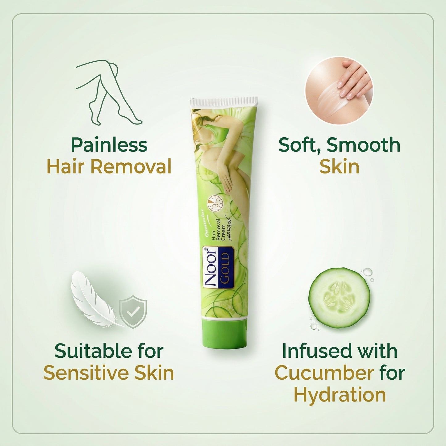 Noor Gold hair removal cream tube with product benefits on a light green background