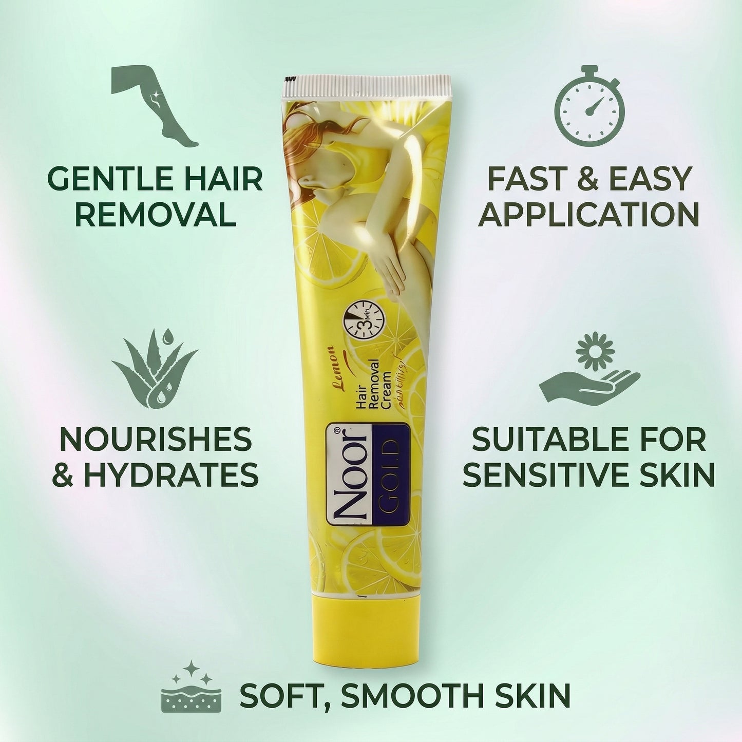 Noor Gold hair removal cream tube with benefits listed on a light green background