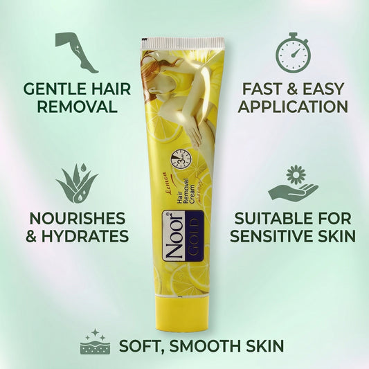 Noor Gold hair removal cream tube with benefits listed on a light green background