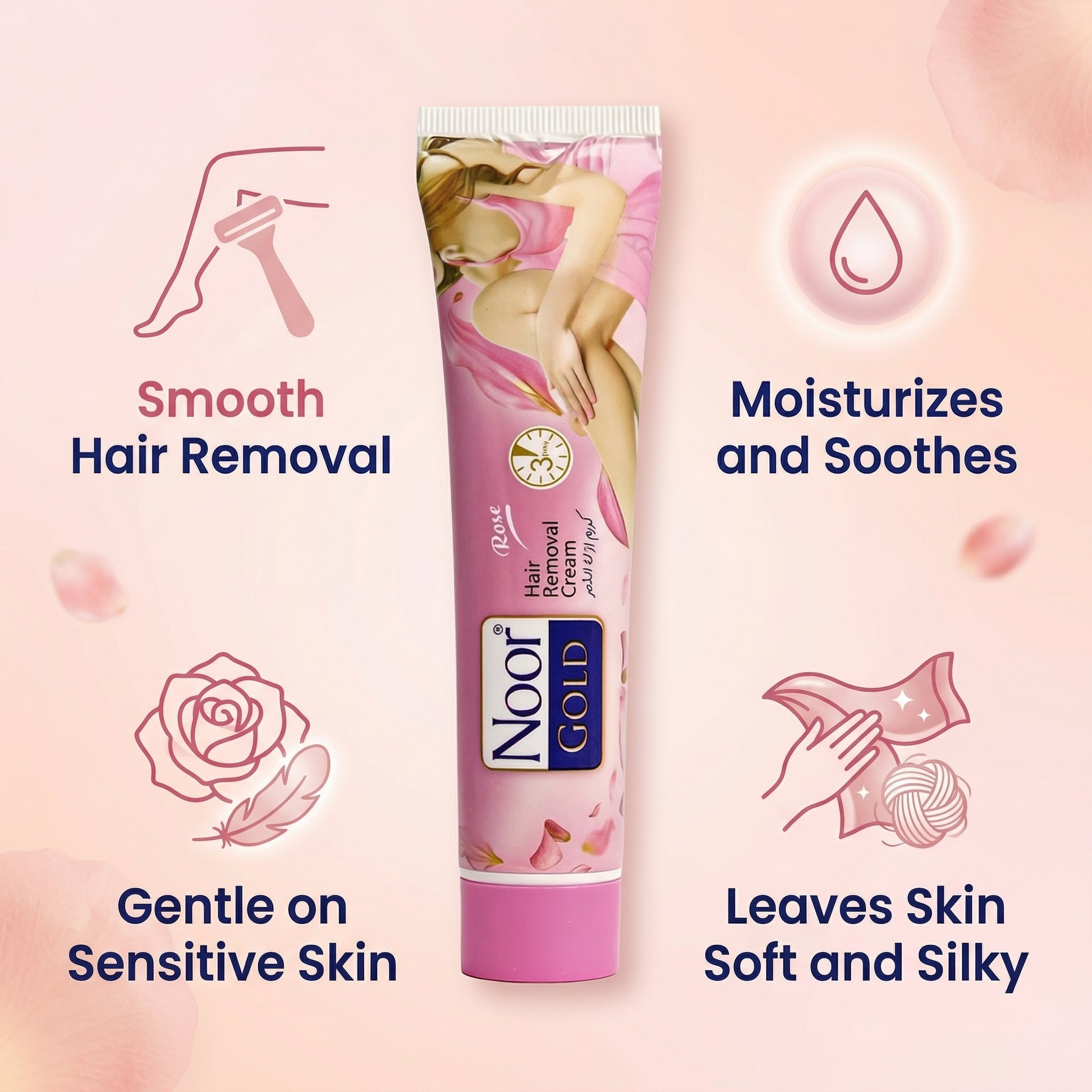 Noor Gold hair removal cream tube with product benefits on a pink background