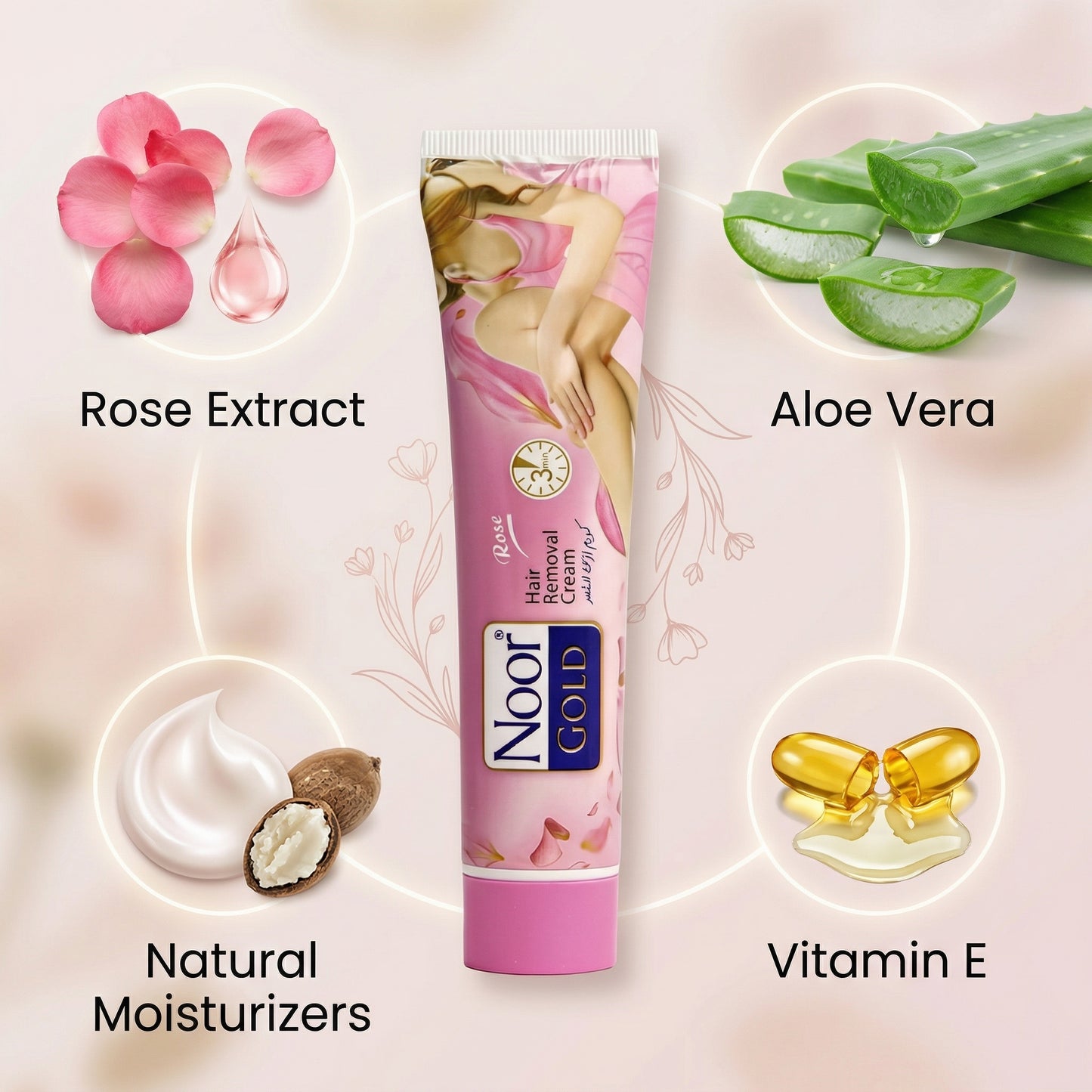Noor Gold hair removal product with ingredients like rose extract, aloe vera, natural moisturizers, and vitamin E displayed around it.