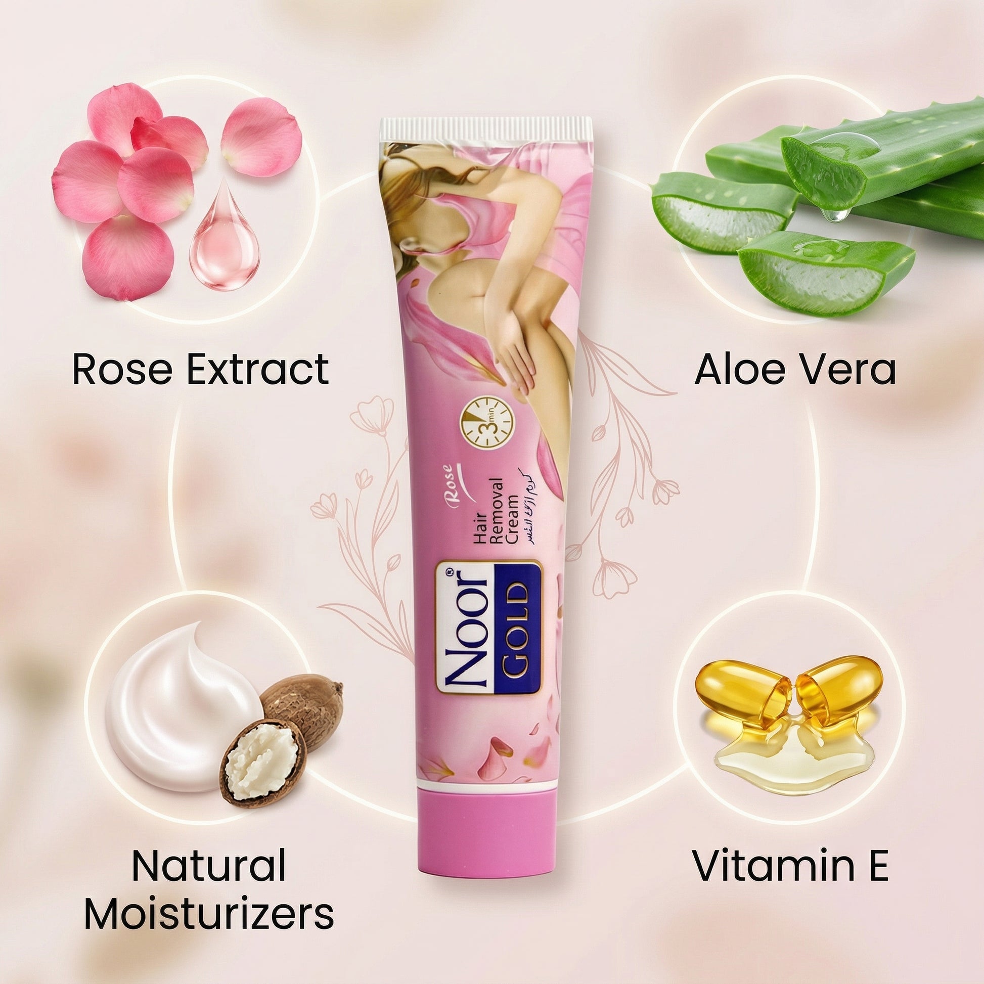 Noor Gold hair removal product with ingredients like rose extract, aloe vera, natural moisturizers, and vitamin E displayed around it.