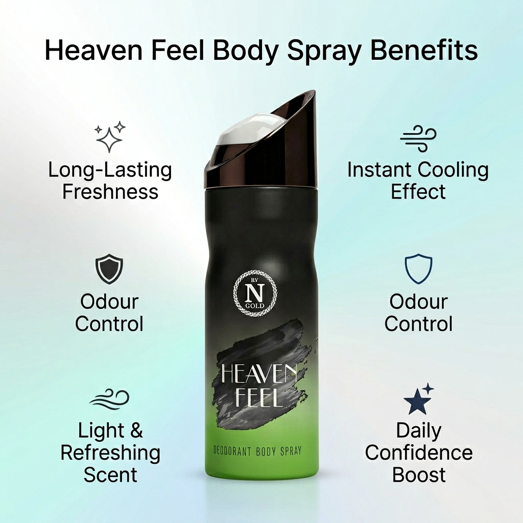 Heaven Feel body spray bottle with benefits listed on a light blue background