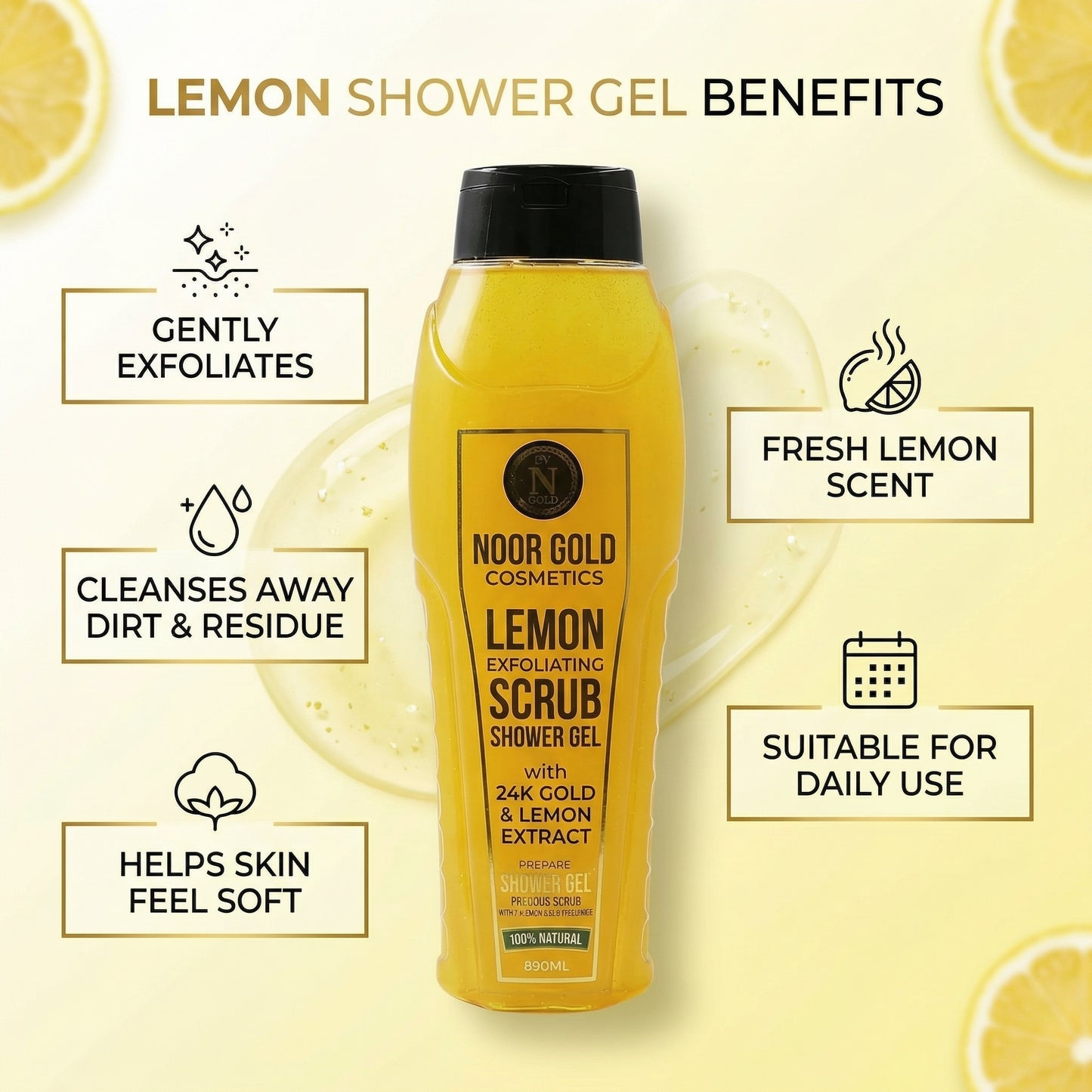 Yellow shower gel bottle with lemon slices and text highlighting benefits on a yellow background
