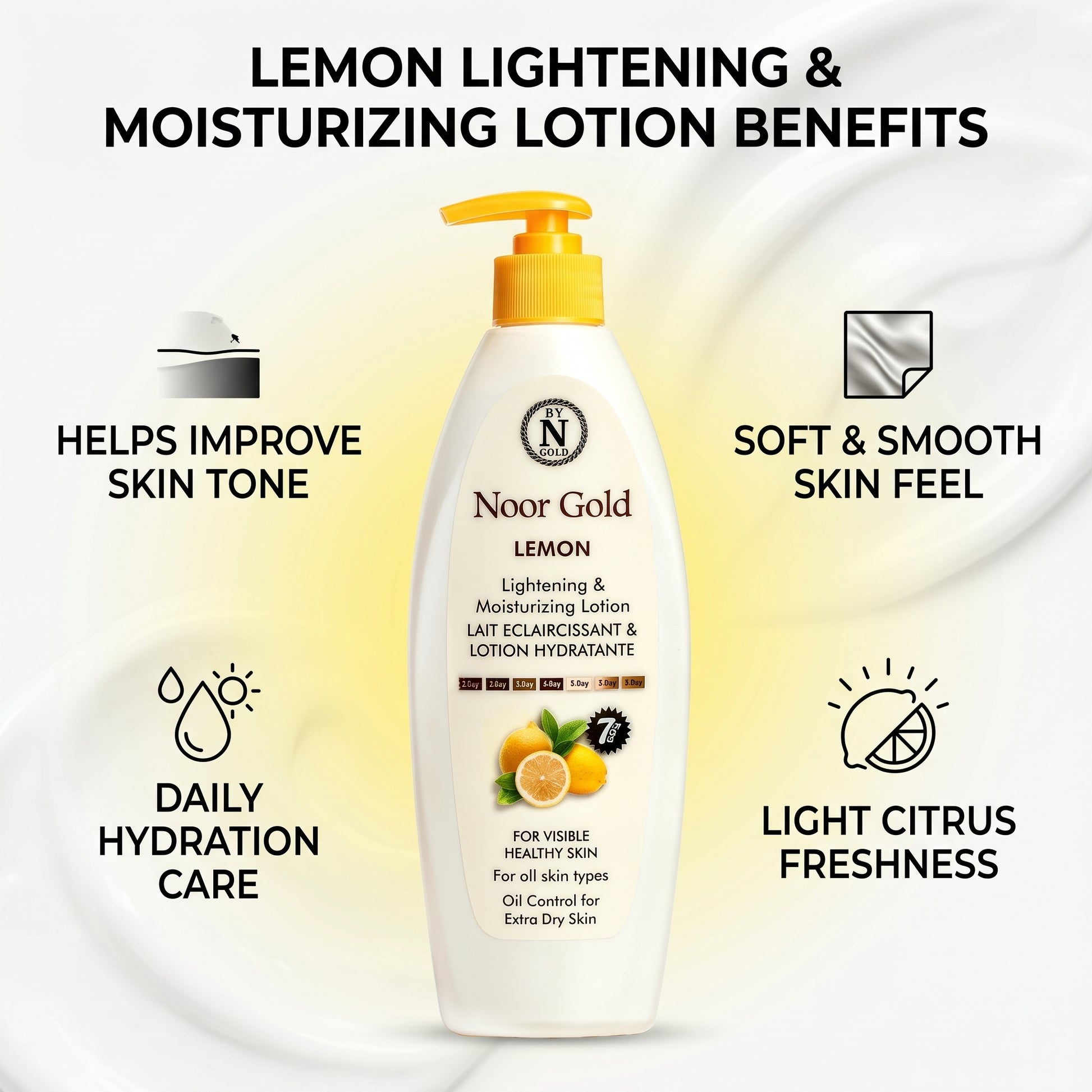 Noor Gold Lemon Lightening & Moisturizing Lotion with benefits listed on a white background