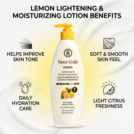 Noor Gold Lemon Lightening & Moisturizing Lotion with benefits listed on a white background