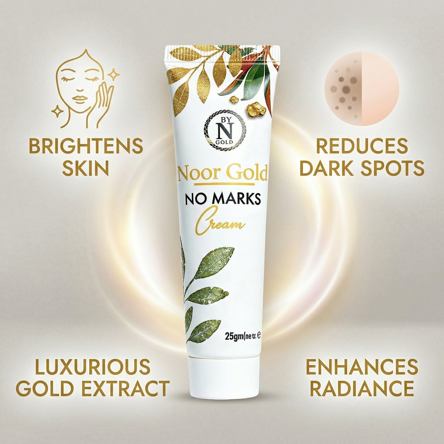 Noor Gold No Marks Cream tube with gold extract on a light gray background