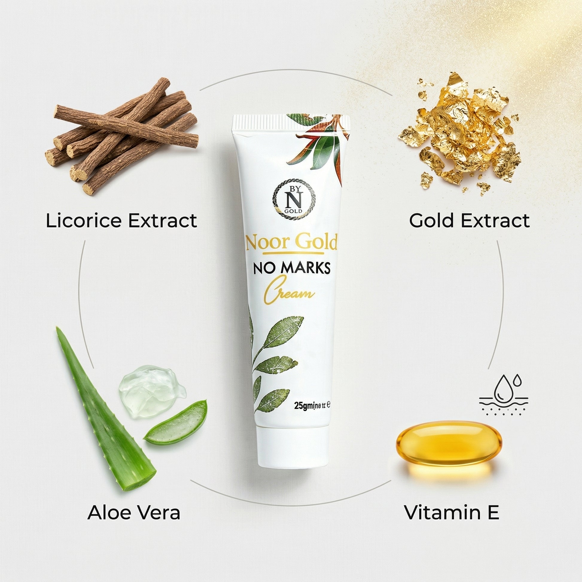Noor Gold No Marks Cream with licorice extract, gold extract, aloe vera, and vitamin E on a white background