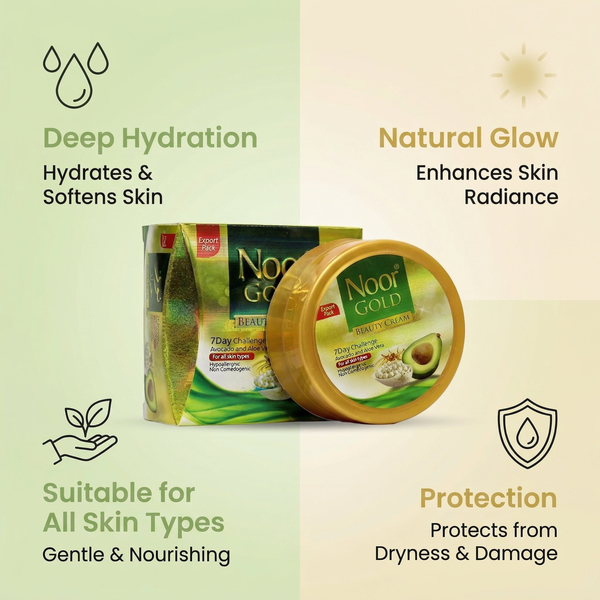 Noor Gold beauty cream packaging with product features on a light green background