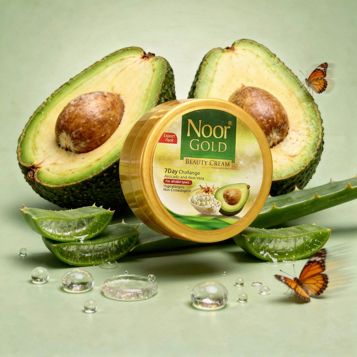 Noor Gold Beauty Cream jar with avocados and aloe vera on a light green background