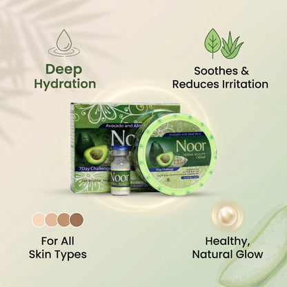 Noor skincare products with text highlighting benefits on a light green background
