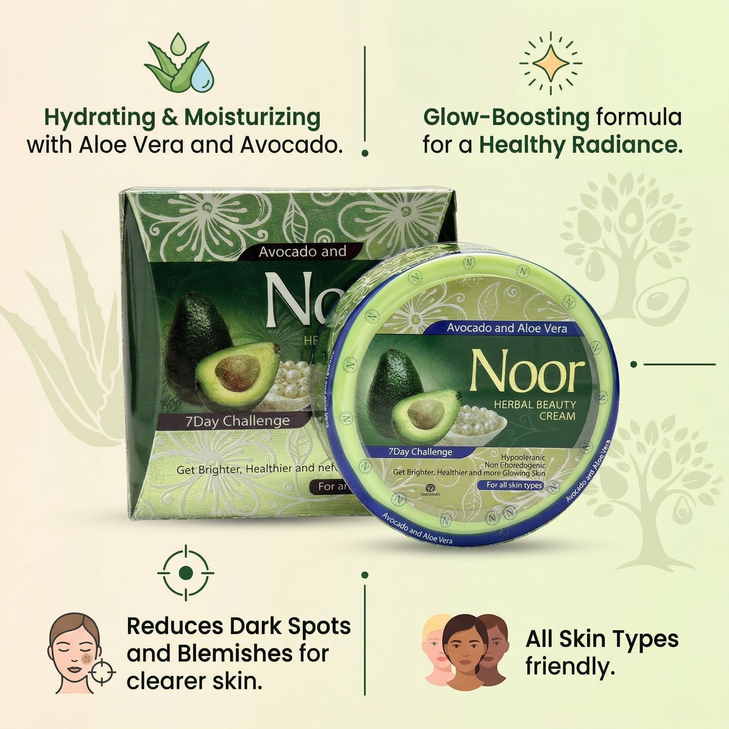 Noor herbal beauty cream packaging with avocado and aloe vera on a light green background