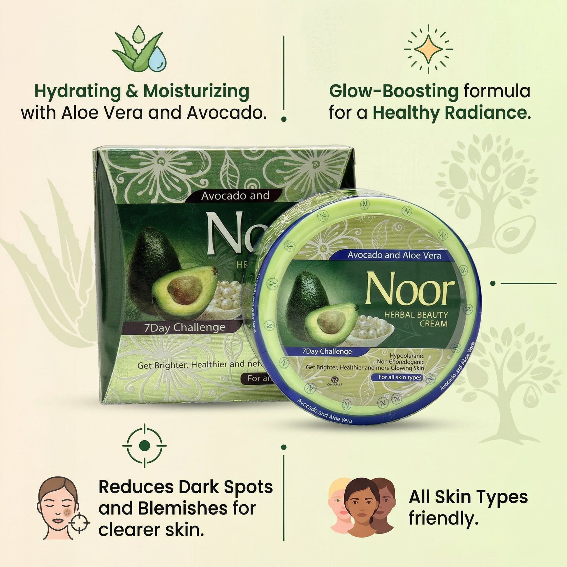 Noor herbal beauty cream packaging with avocado and aloe vera on a light green background