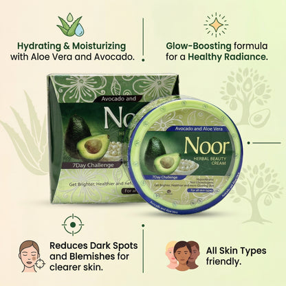 Noor herbal beauty cream packaging with avocado and aloe vera on a light green background