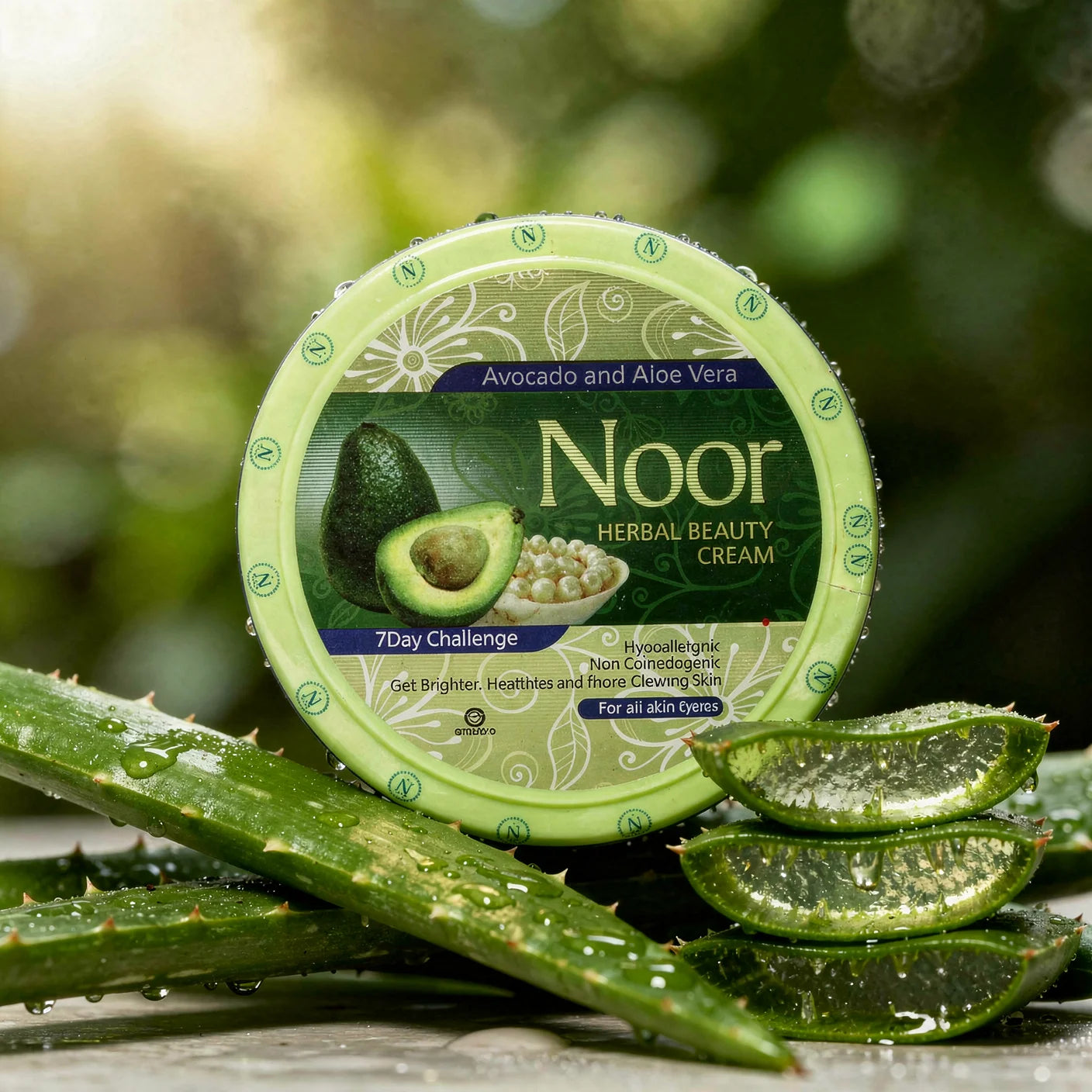 Noor Herbal Beauty Cream container with aloe vera leaves on a natural background