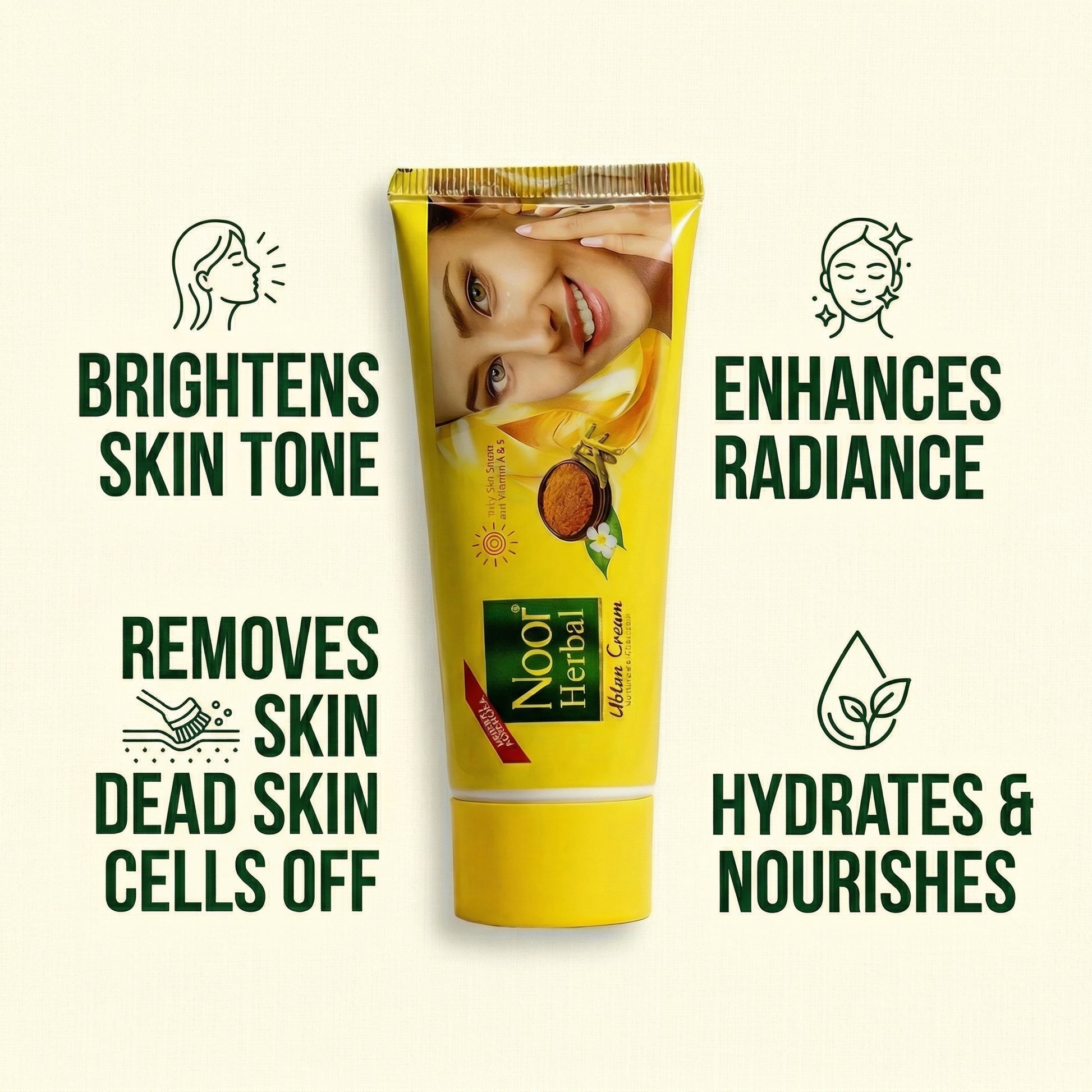 Noof Herbal cream tube with text highlighting its benefits on a beige background