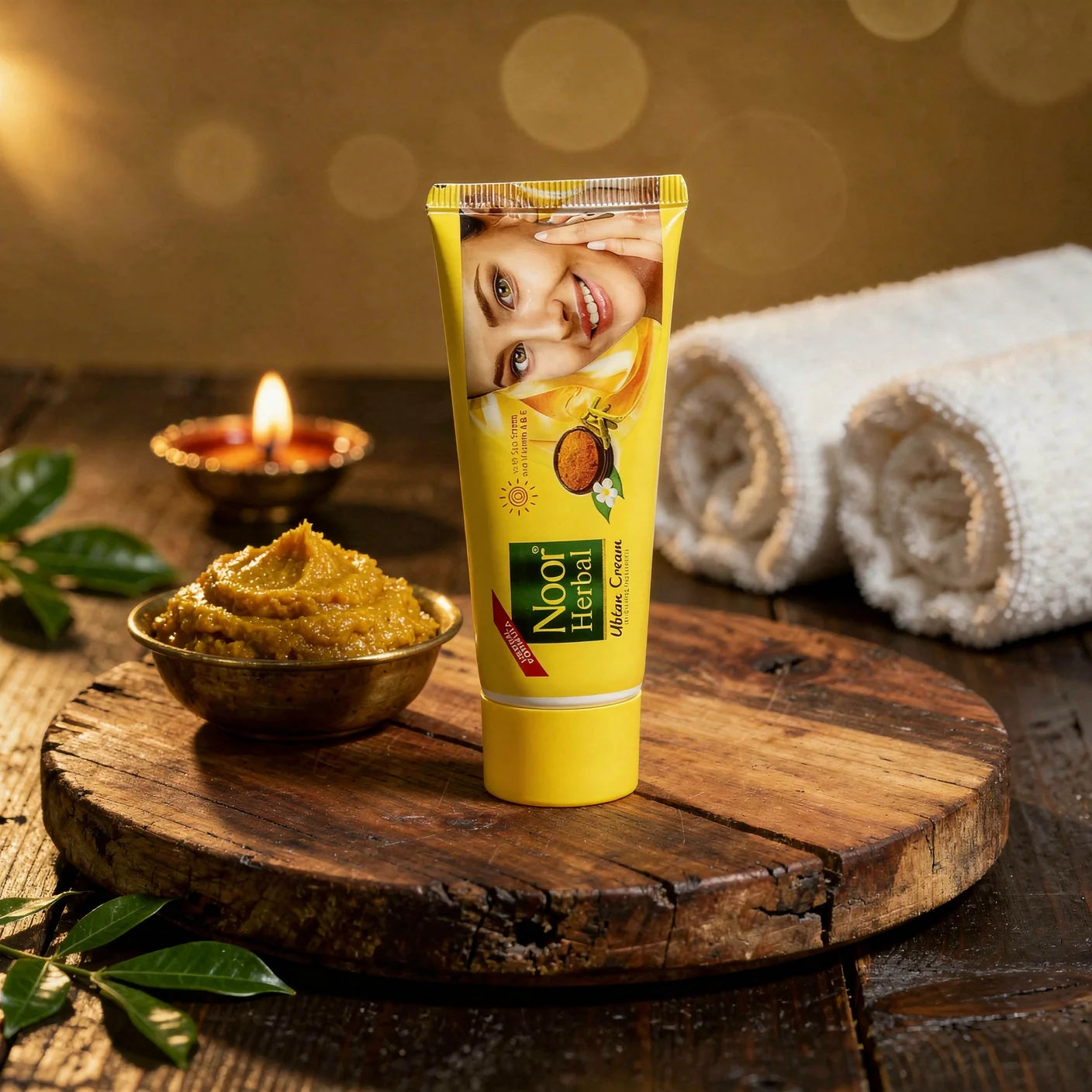 Tube of Noot Herbal Aloe Cream on a wooden surface with a bowl of aloe vera gel and a candle in the background.