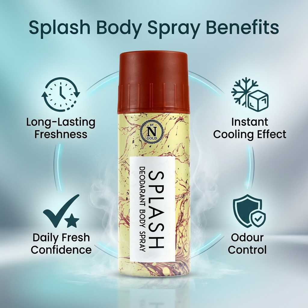 Deodorant body spray bottle with benefits listed on a gradient blue background