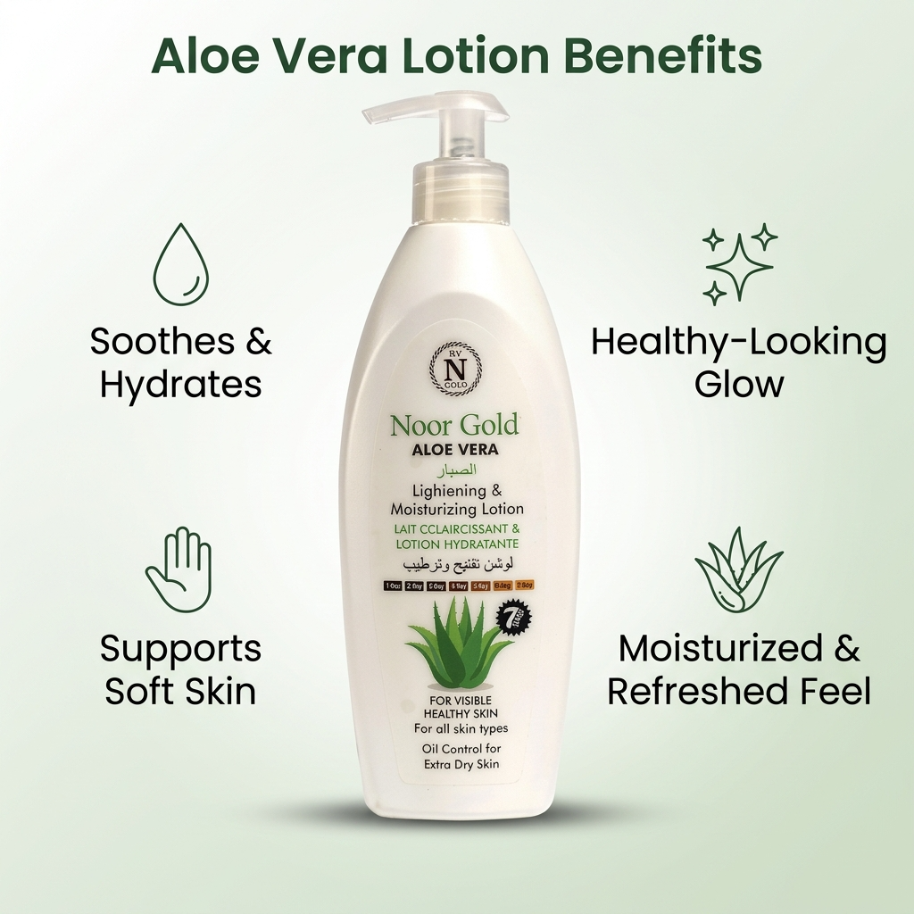 Noor Gold Aloe Vera lotion bottle with benefits listed on a light green background