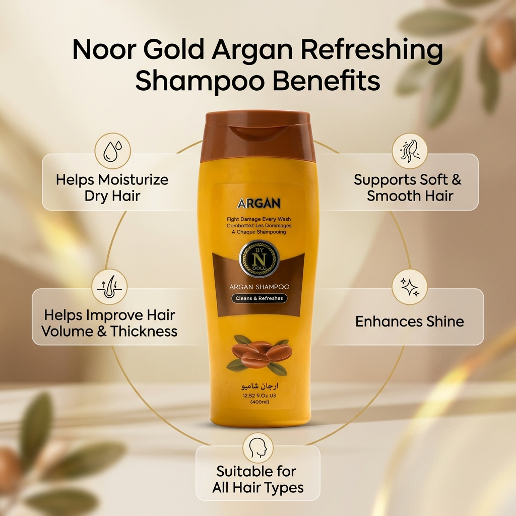 Noor Gold Argan shampoo bottle with benefits listed on a neutral background