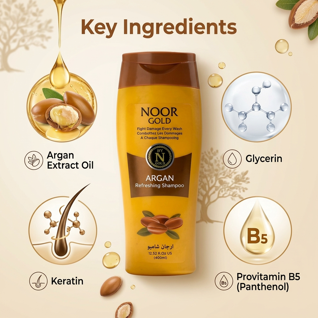 NOOR GOLD Argan shampoo bottle with key ingredients displayed on a beige background