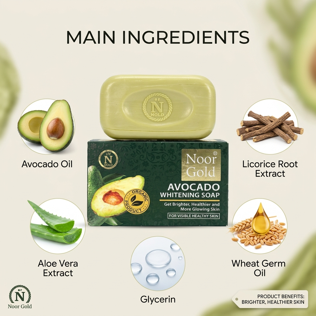 Noor Gold Avocado Whitening Soap with ingredients displayed on a light beige background