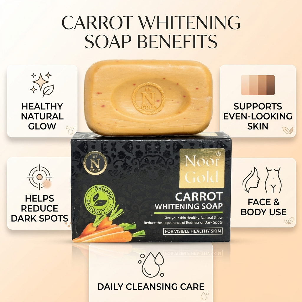 Noori Gold Carrot Whitening Soap with benefits listed on a beige background