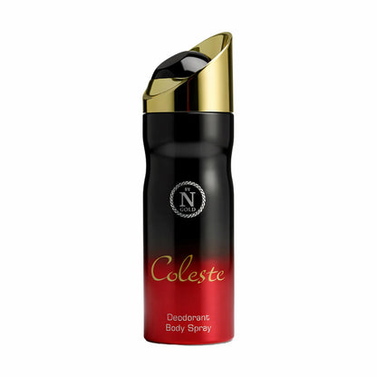 Coleste deodorant body spray bottle with gold cap on a white background