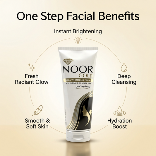 NOOR Gold facial cream tube with one-step facial benefits on a beige background