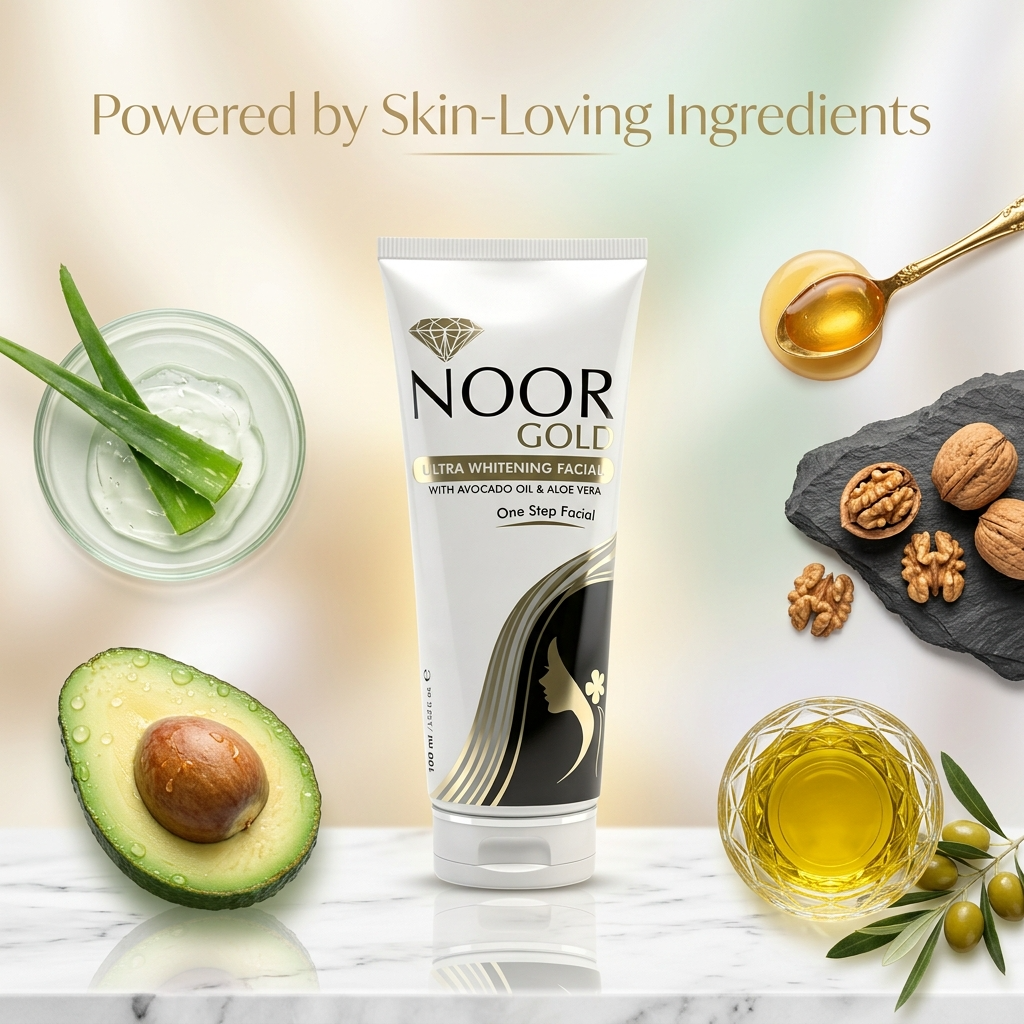 NOOR Gold facial cream with skin-loving ingredients like avocado, aloe vera, and nuts on a marble surface.