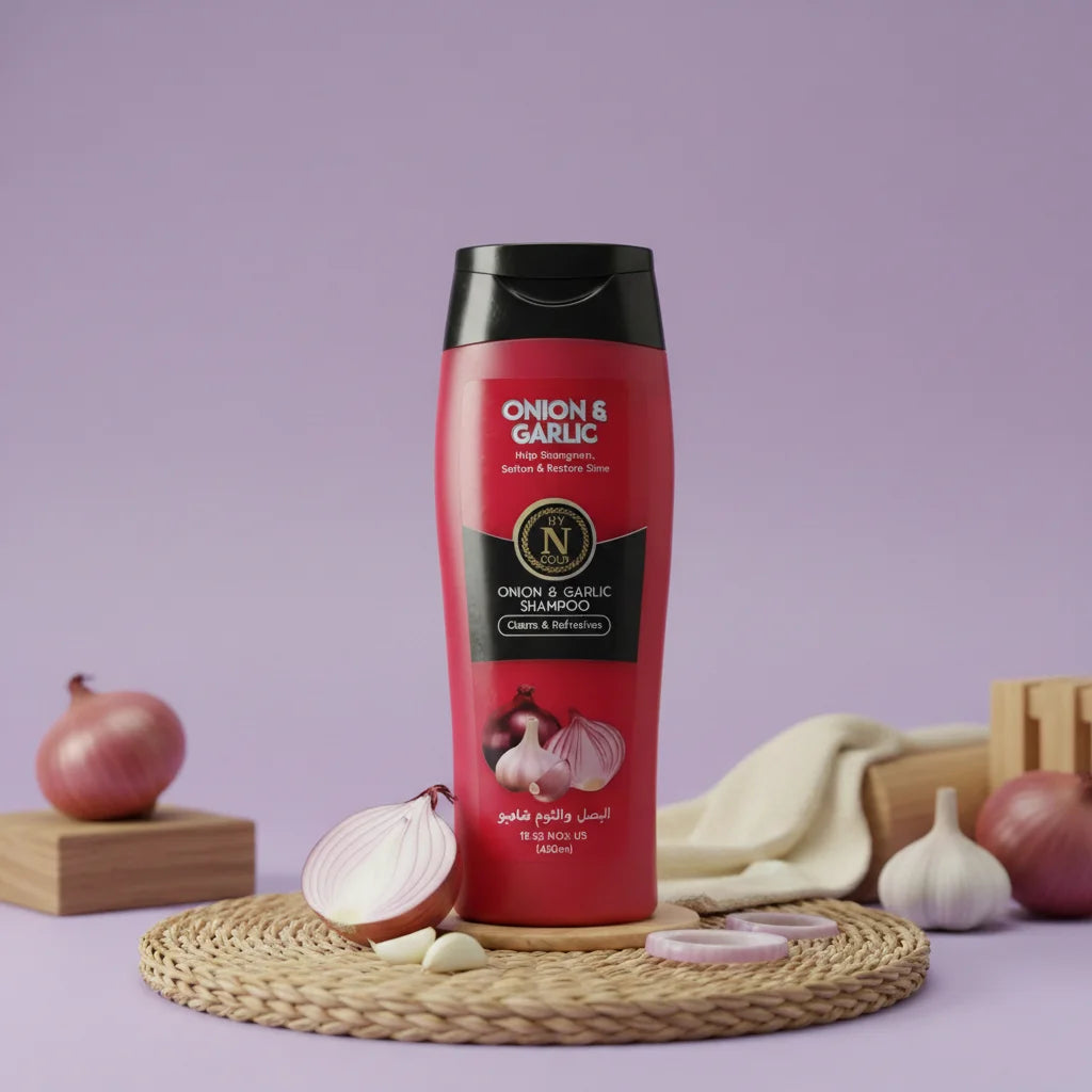 Shampoo bottle labeled 'Onion & Garlic' with onions and garlic on a purple background