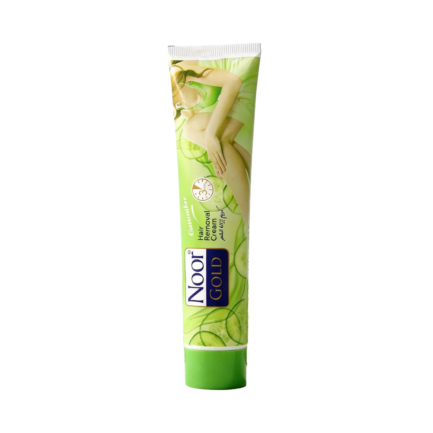 Green tube of NOOR Gold hair removal cream on a white background